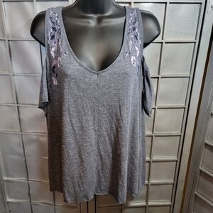 Sonoma Large Gray with floral embroidery cold shoulder top